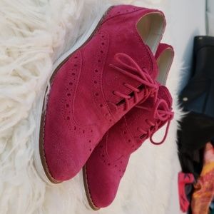 Cole Haan lace up wing tip loafers in pink suede